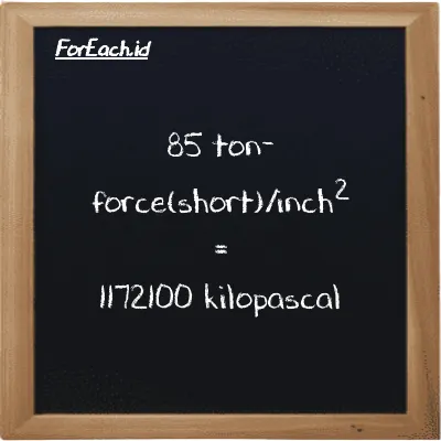 85 ton-force(short)/inch<sup>2</sup> is equivalent to 1172100 kilopascal (85 tf/in<sup>2</sup> is equivalent to 1172100 kPa)
